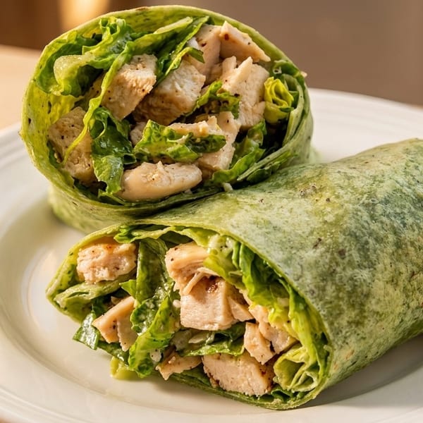 Two halves of a green tortilla wrap filled with chicken and lettuce on a white plate.