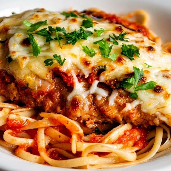 Chicken parmesan with melted cheese and fresh parsley, served over linguine pasta with red sauce.