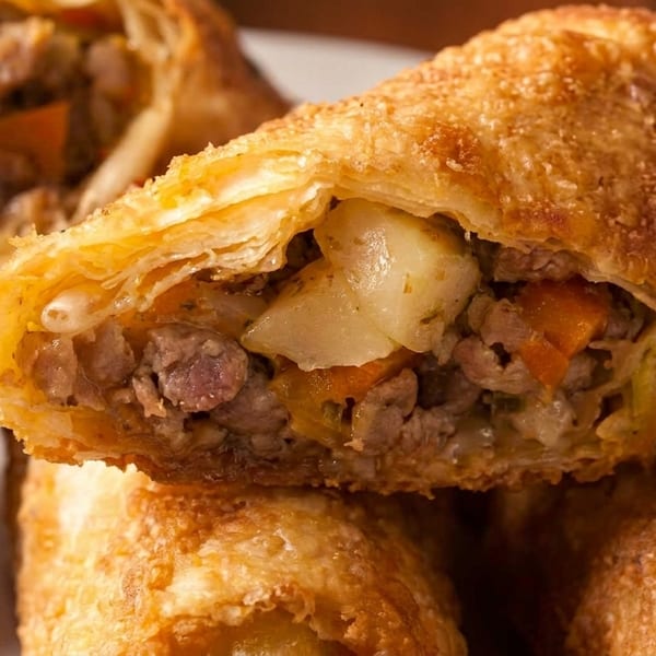 Close-up of a golden-brown, crispy egg roll, cut in half, revealing a savory meat and vegetable filling.