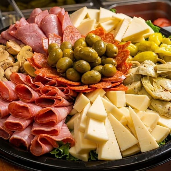 A large platter of antipasto with meats, cheeses, olives, mushrooms, artichokes, and peppers.